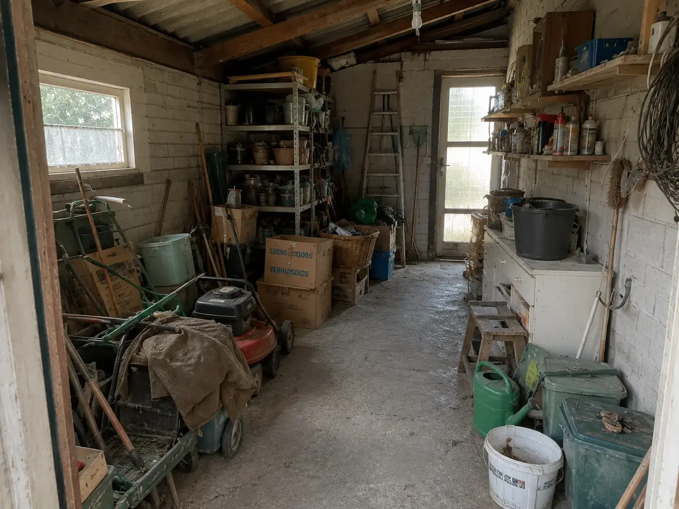 Schuur vóór het leeghalen, vol met grasmaaier, kruiwagen, ladders, tuingereedschap, verfblikken en dozen.