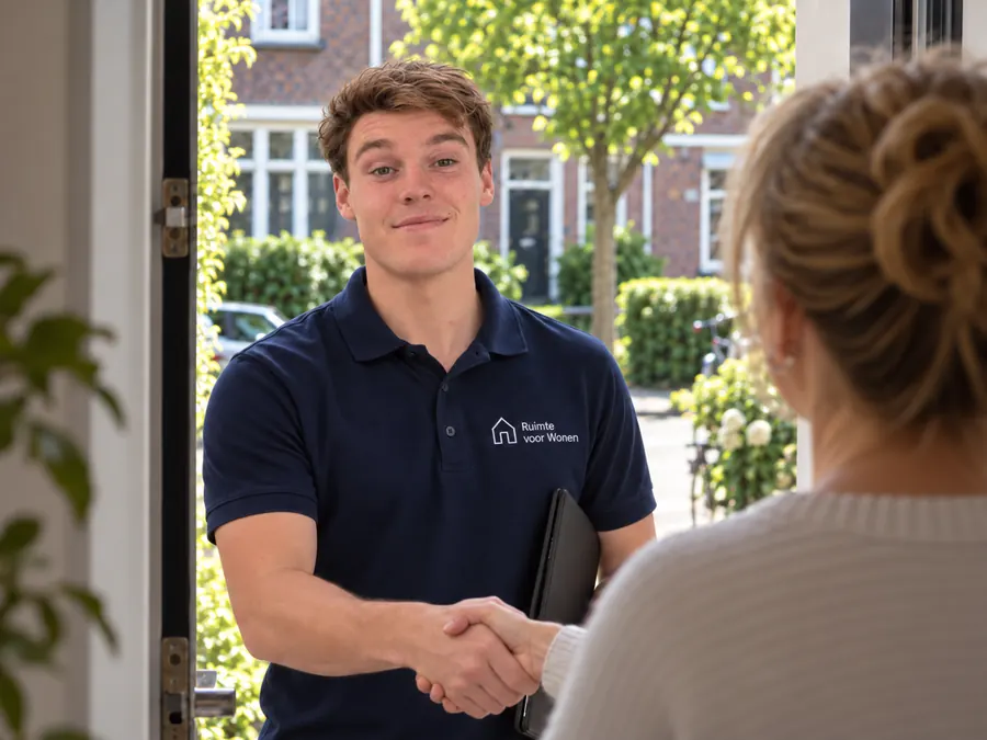 Medewerker van Ruimte voor Wonen begroet een klant aan huis
