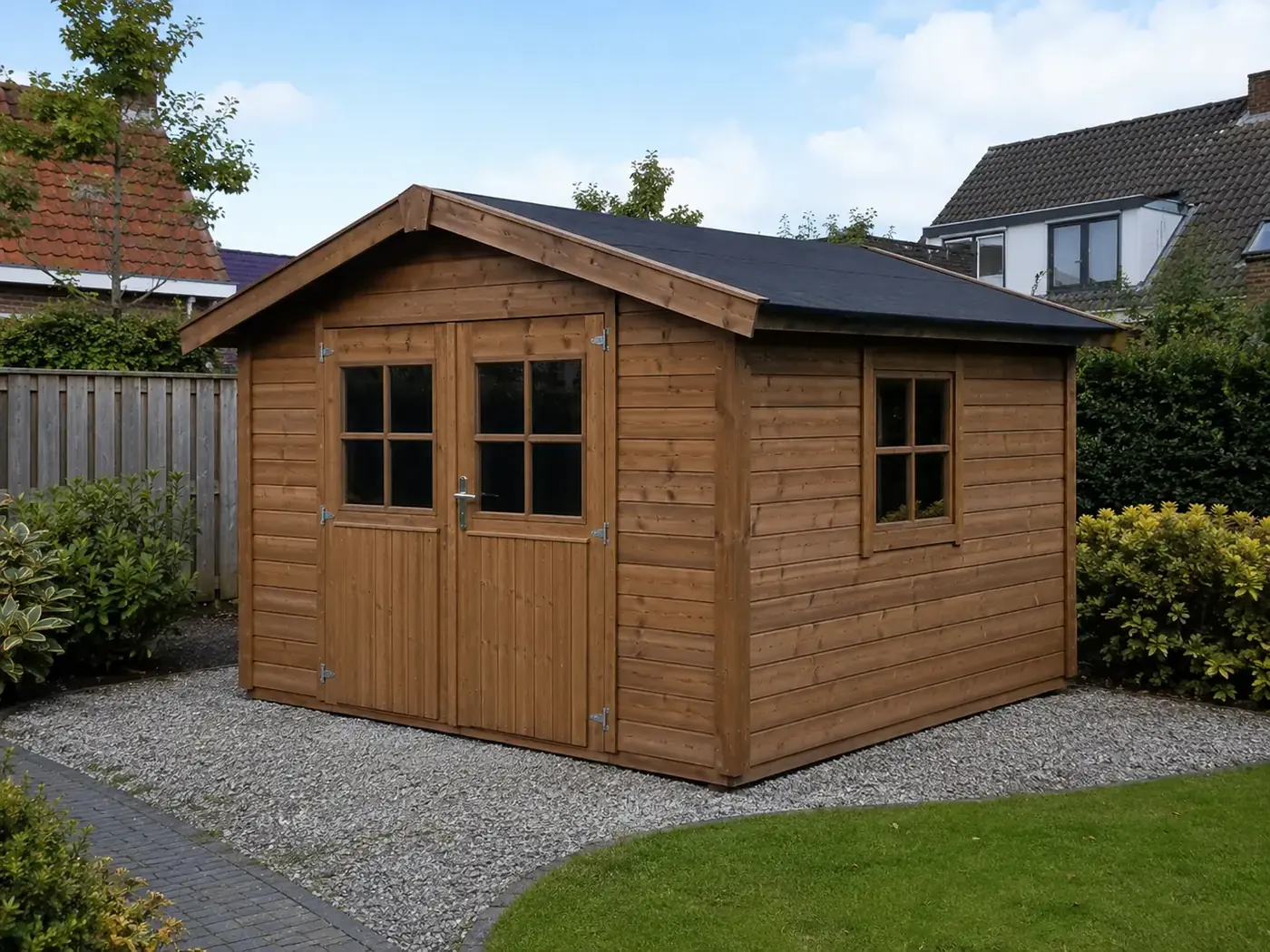 Kleine houten tuinberging die wordt leeggehaald