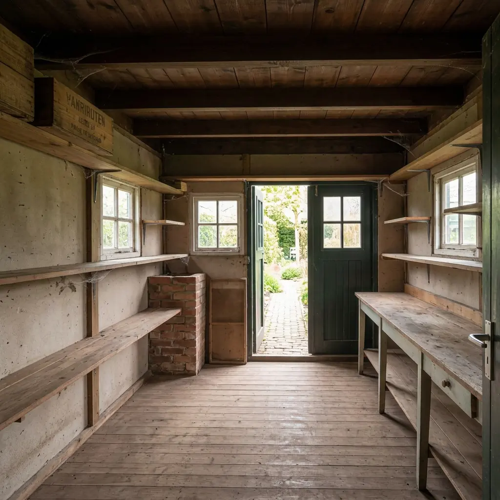 Dezelfde schuur volledig leeg en bezemschoon na het leeghalen