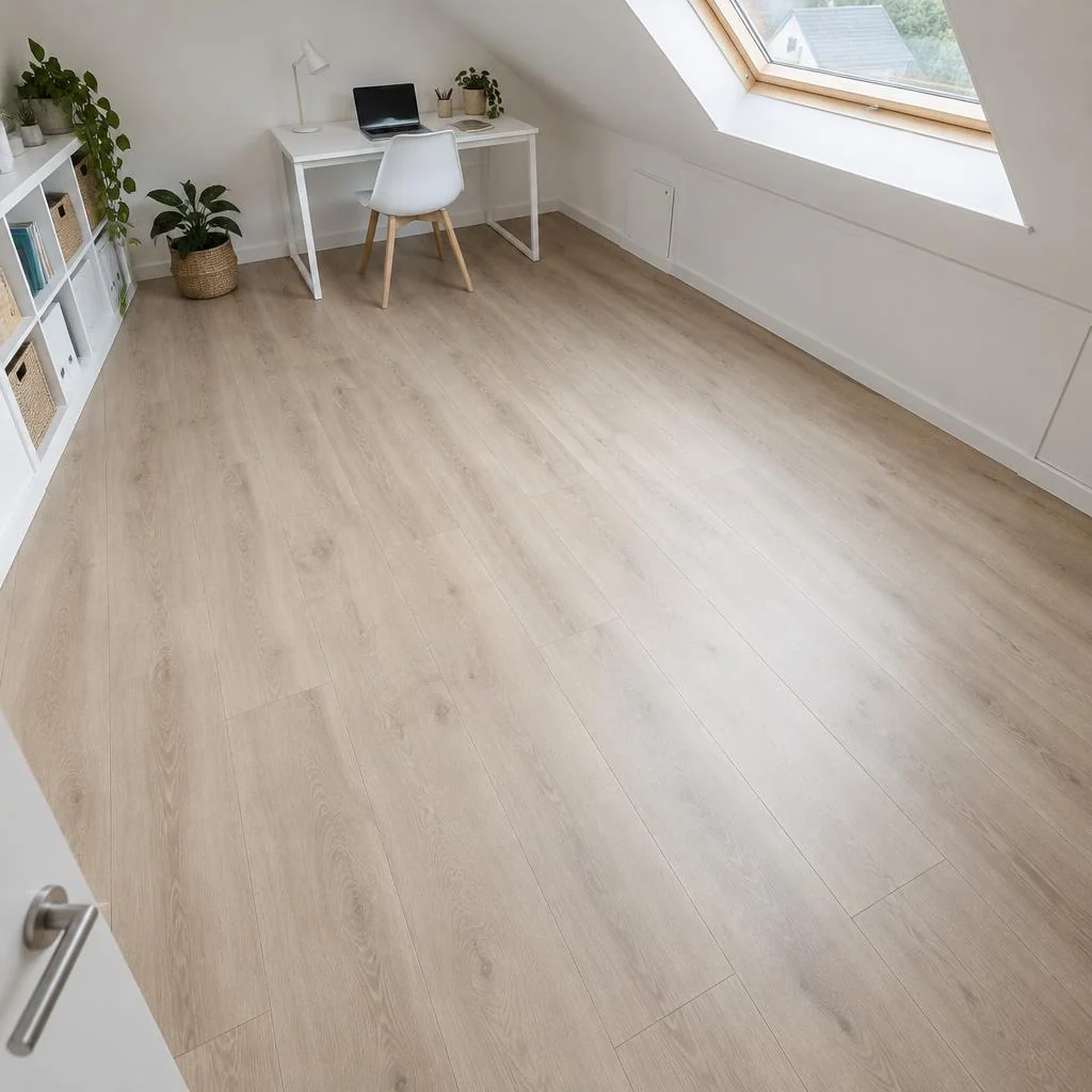 Klik-pvc in licht eiken in een werkkamer met dakraam