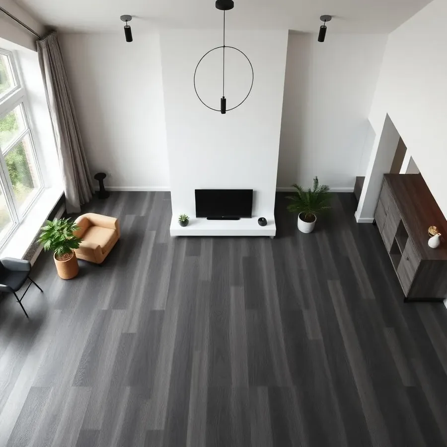 Breed plank laminaat in antraciet grijs in een moderne woonkamer