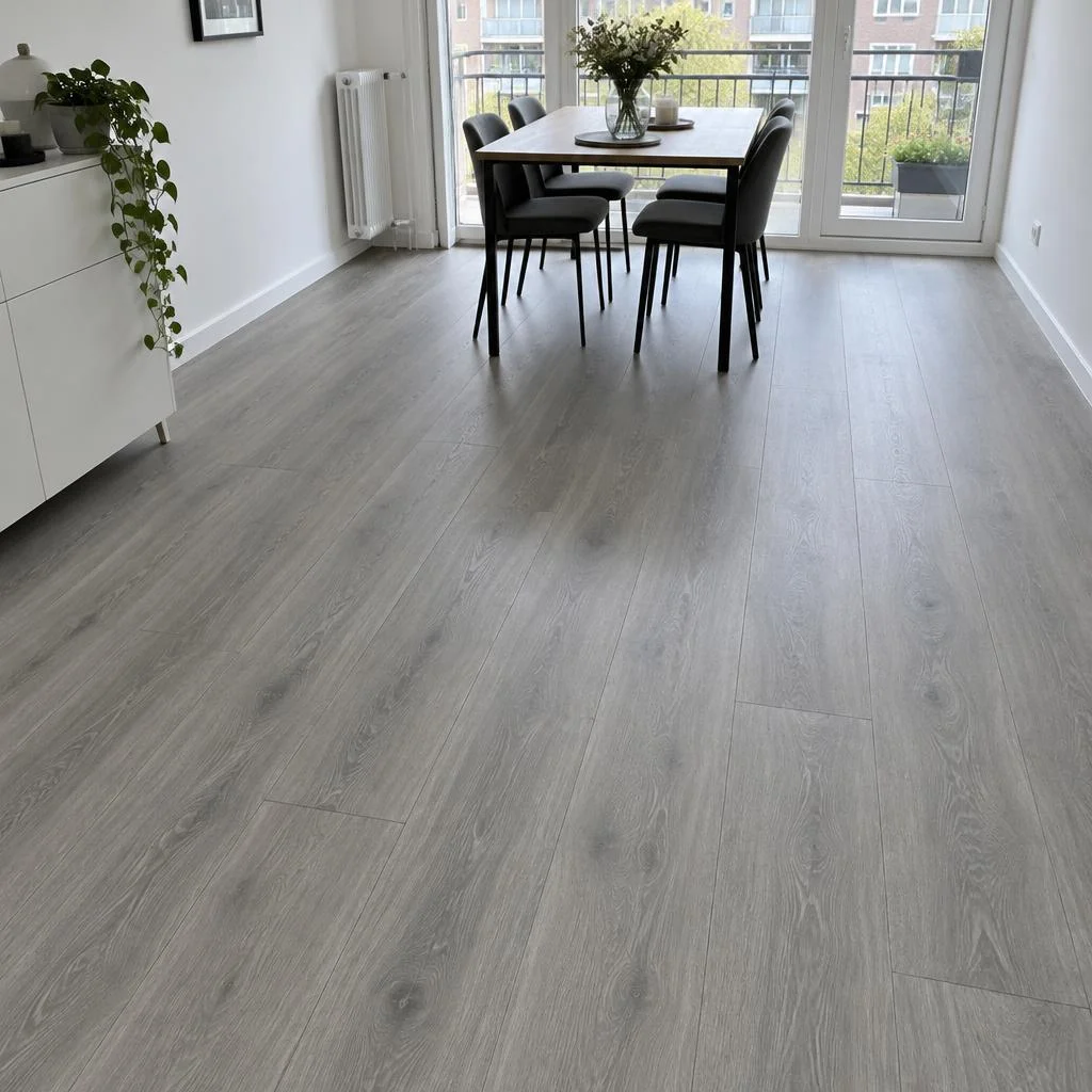 Grijs eiken plak-pvc in een appartement met eethoek