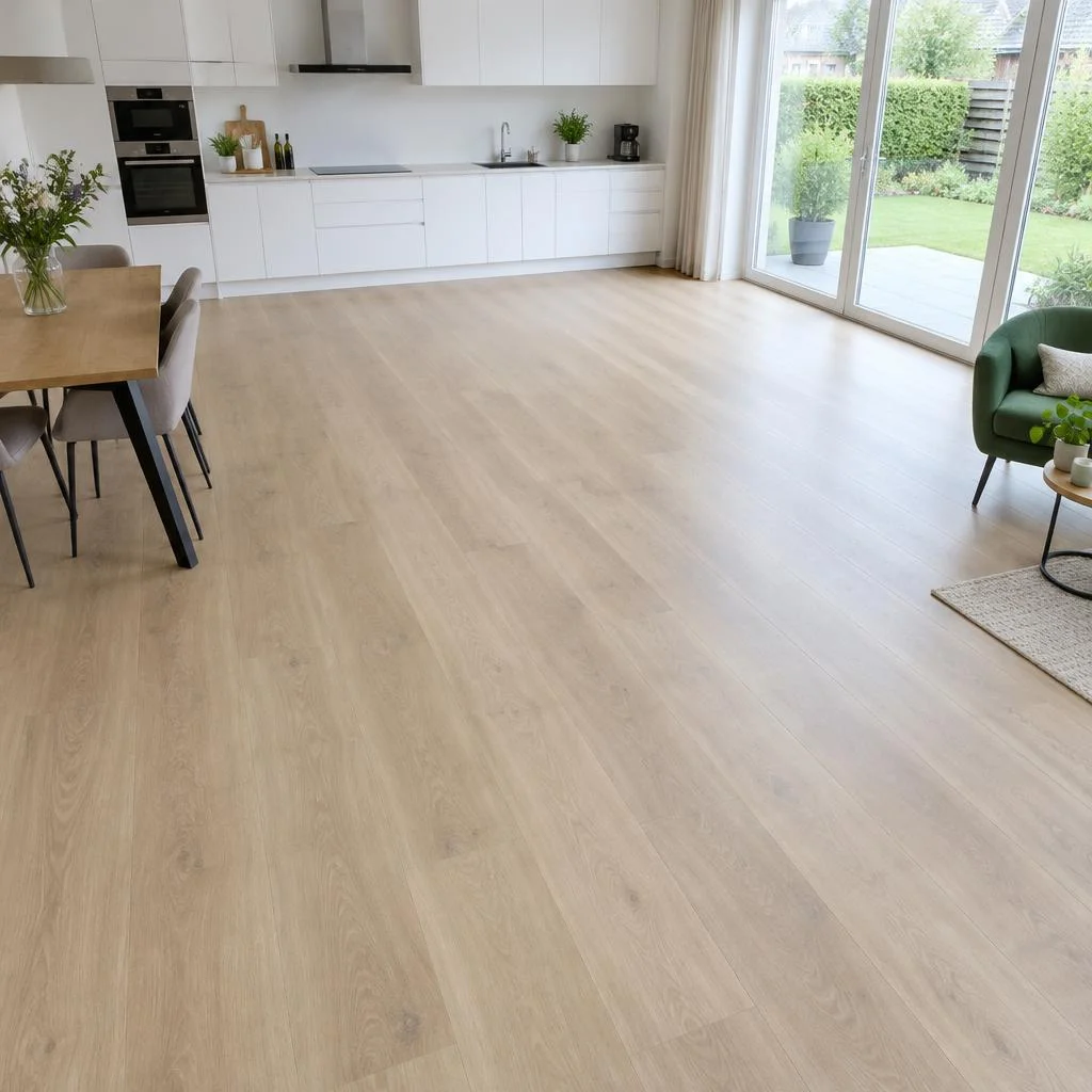 Licht eiken pvc in een keuken-woonkamer met witte keukenkasten
