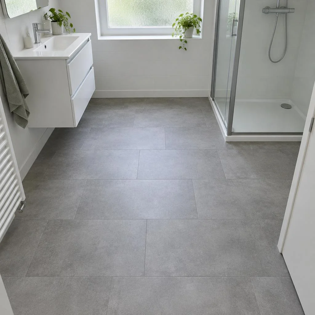 Betongrijze pvc-tegellook in een badkamer naast een wastafel en douche