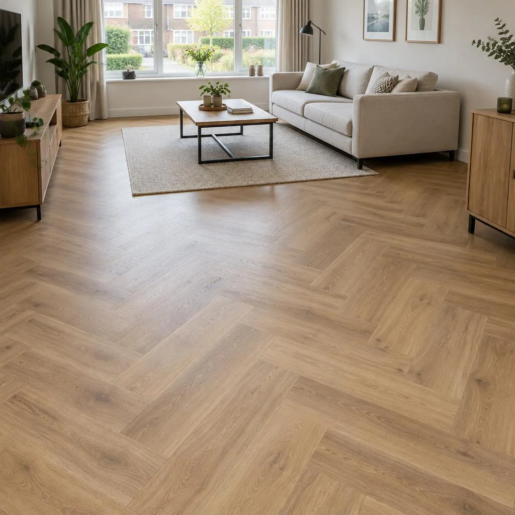 Naturel eiken pvc in visgraatpatroon in een lichte woonkamer